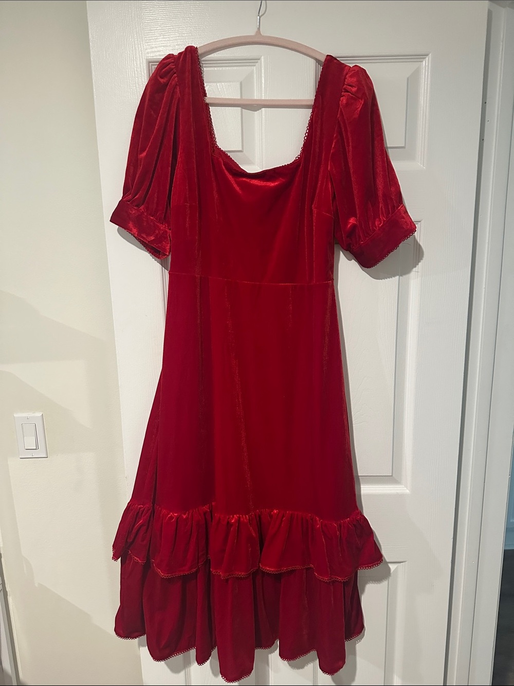 Rachel Parcell Red Velvet Midi Dress with Puff Sleeves